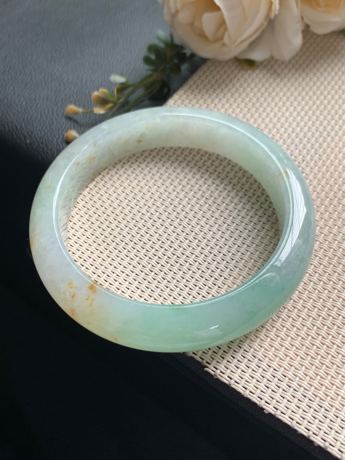 57mm Certified Genuine Untreated Burmese / Myanmar Type A / Grade A Jadeite Bangle – Sweet Apple Green with Golden Yellow Jadeite Accents #13261