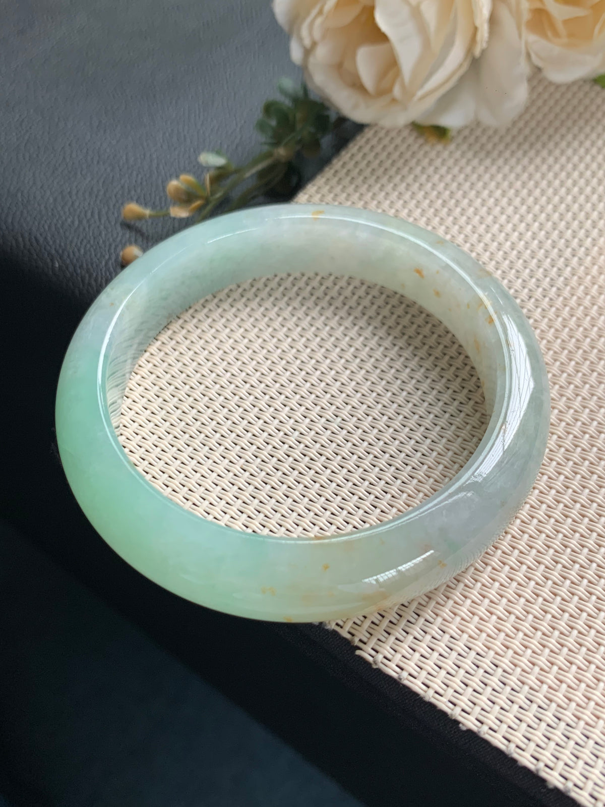 57mm Certified Genuine Untreated Burmese / Myanmar Type A / Grade A Jadeite Bangle – Sweet Apple Green with Golden Yellow Jadeite Accents #13261