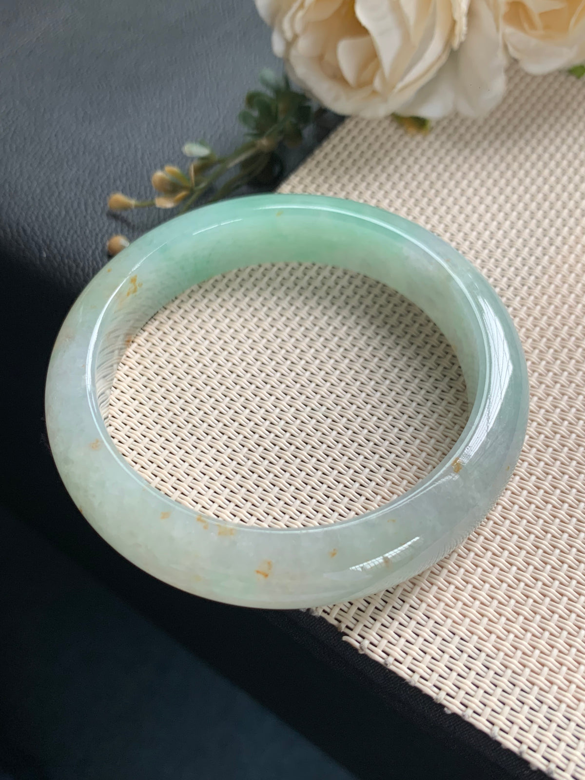 57mm Certified Genuine Untreated Burmese / Myanmar Type A / Grade A Jadeite Bangle – Sweet Apple Green with Golden Yellow Jadeite Accents #13261
